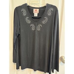 Quacker Factory Large V-neck Rhinestone Studded Paisley At Neck Black Preowned​